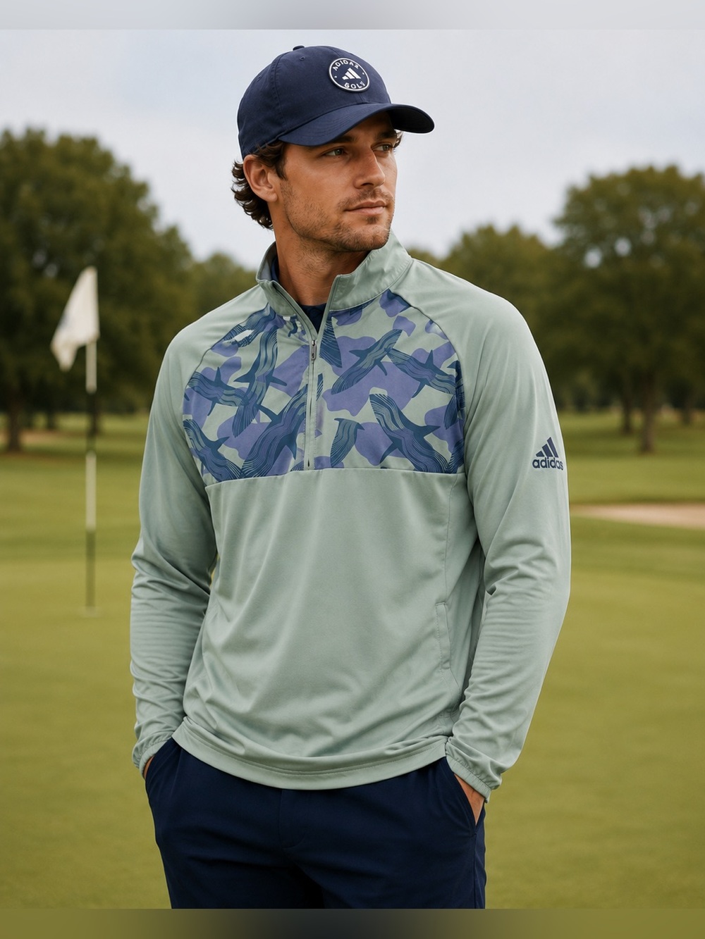 adidas Sage Green Lightweight Quarter-Zip with Navy Camo Yoke